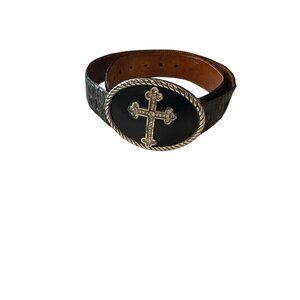Cazador 34 Black Embossed Leather Belt W/ Nocona Silver-Tone Cross Buckle Mexico